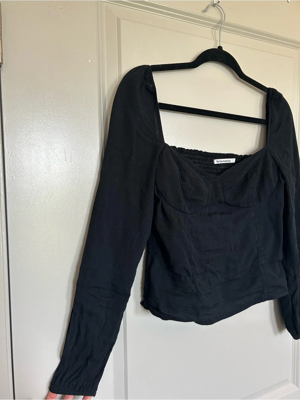 Reformation Reign Black Square-Neck Long Sleeve Crop Top